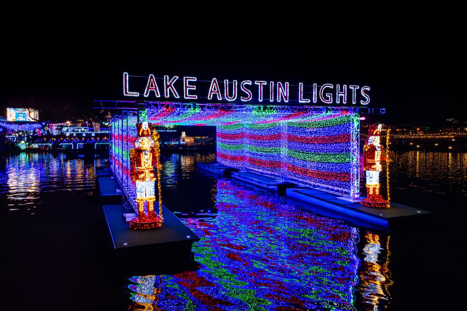 Holiday lights and nutcrackers along Lake Austin